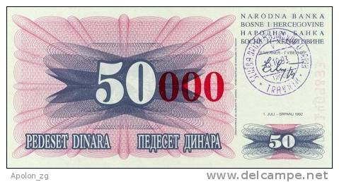 BOSNIA:  50 000 Dinara On 50 Dinara, 1993 UNC *P55b * 13mm High Red Zeroes - 15.10.1993 - Bosnie-Herzegovine