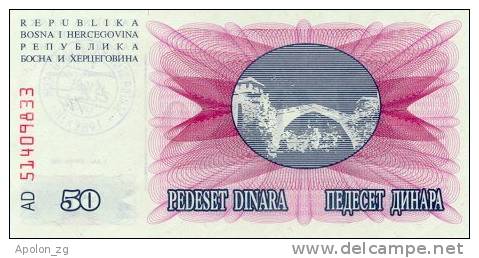 BOSNIA:  50 000 Dinara On 50 Dinara, 1993 UNC *P55b * 13mm High Red Zeroes - 15.10.1993 - Bosnie-Herzegovine