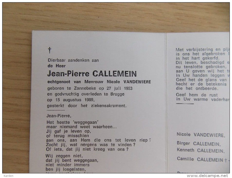 Doodsprentje Jean Pierre Callemein Zonnebeke 27/7/1953 Brugge 15/8/1989 ( Nicole Vandewiere ) - Religión & Esoterismo