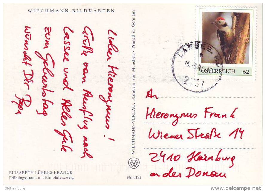 781f: Briefmarke Specht Auf Postkarte Gest. 15.7.2014 PA 2291 Lassee - Piciformes (pájaros Carpinteros)