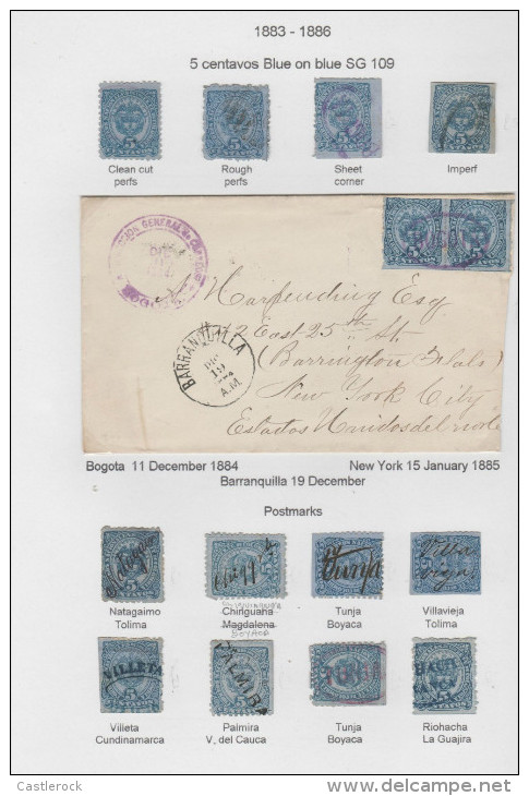 O) 1884 TO 1886 COLOMBIA, STAMPS 5 CENTAVOS BLUE ON BLUE SG 109, MANUSCRIPT, DEPARTAMENTS POSTMARKS,CLEAN CUT PERFS, ROU - Colombie