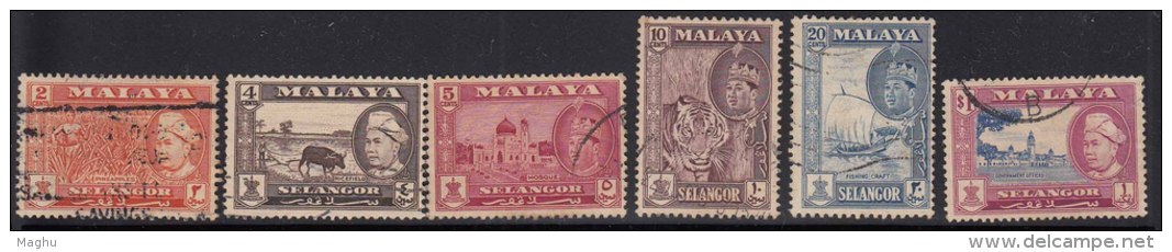 6 Diff., Selangor Used 1957, 10c Tiger, Cow, Mosque, Islam, , Malaya, Malaysia - Selangor