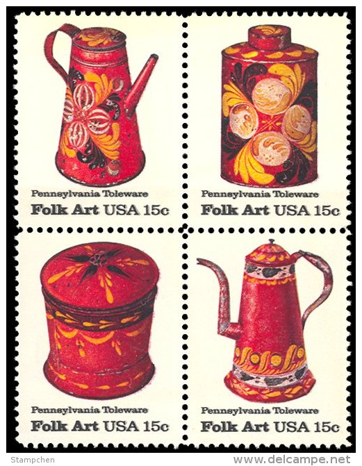 1979 USA American Folk Art - Pennsylvania Toleware Stamps Sc#1775-78 #1778a Coffee Pot Tea Sugar Bowl - Other & Unclassified