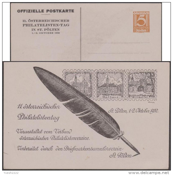 Autriche 1932. Entier Postal TSC, Philatelisten-tag St Pölten 1932. Plume, église Des Franciscains, Timbre Sur Timbre - Gansos