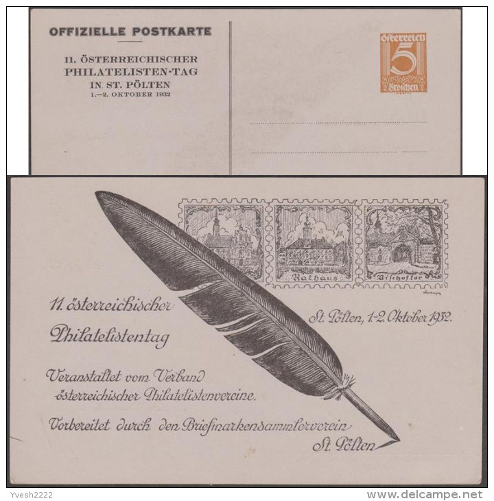 Autriche 1932. Entier Postal TSC, Philatelisten-tag St Pölten 1932. Plume, église Des Franciscains, Timbre Sur Timbre - Oies