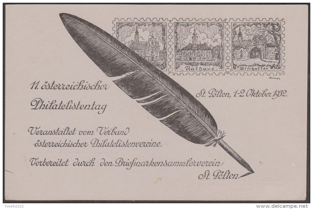 Autriche 1932. Entier Postal TSC, Philatelisten-tag St Pölten 1932. Plume, église Des Franciscains, Timbre Sur Timbre - Oche