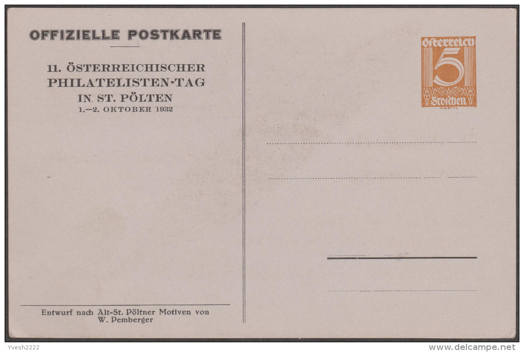 Autriche 1932. Entier Postal TSC, Philatelisten-tag St Pölten 1932. Plume, église Des Franciscains, Timbre Sur Timbre - Gänsevögel