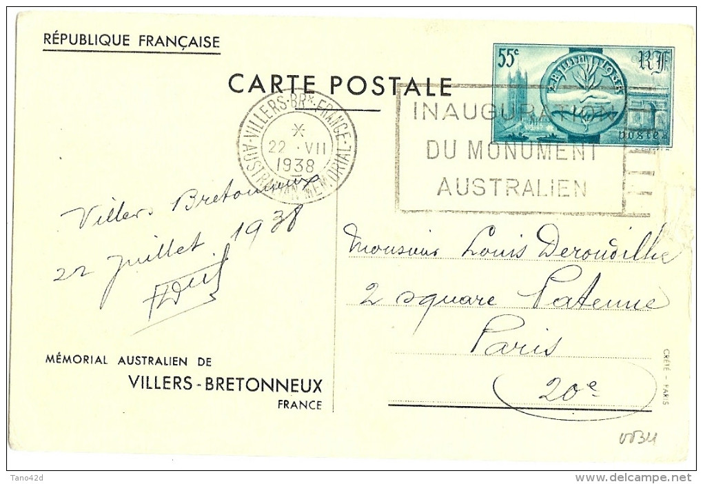 LINT4 - EP CARTE POSTALE VILLERS BRETONNEUX  55c 22/7/1938 PETITS DEFAUTS - Cartes Postales Types Et TSC (avant 1995)