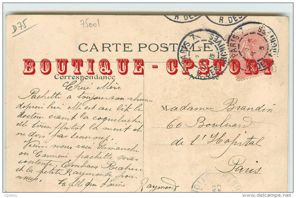 ACHAT DIRECT < MARCHAND De LEGUMES Aux HALLES - COMMERCE AMBULANT - CARTE PARIS VECU VOYAGEE 1905 - DOS SCANNE - Markthallen