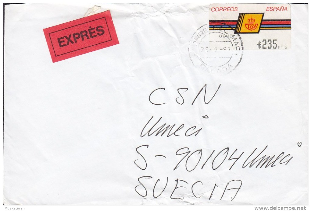 Spain EXPRÉS Label MALAGA 1993 Cover Letra To UMEÅ Sweden ATM / Frama Label Franking - Maschinenstempel (EMA)