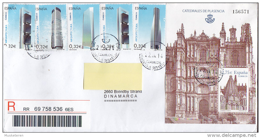 Spain Registered Certificado SAN SEBASTIAN 2014 Cover Letra Denmark 5x Differente Arquitectura & Block Miniature Sheet - Briefe U. Dokumente