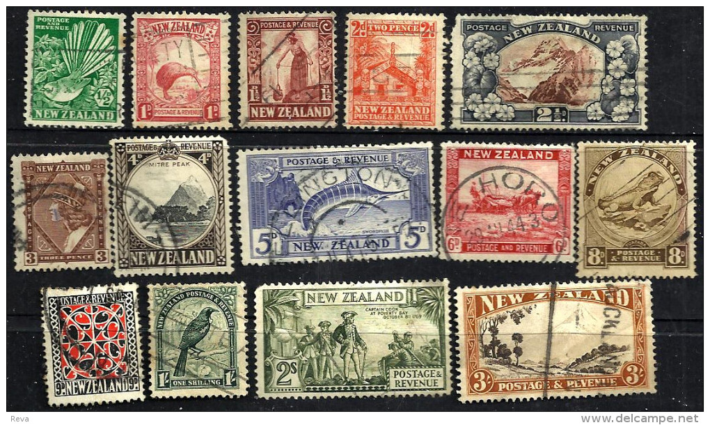 NEW ZEALAND PICTORIAL BIRD FROG WOMAN FISH ETC. SET OF 15 1/2 -3/- DARKER ONLY9P USEDH 1935 SG556-70 READ DESCRIPTION !! - Used Stamps