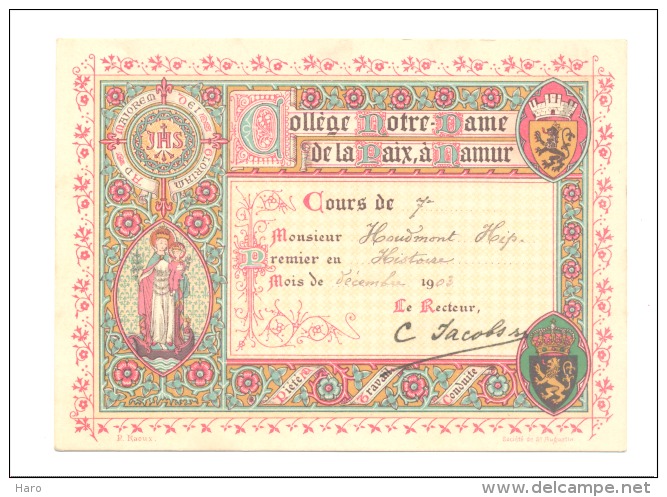 Collège Notre-Dame De La Paix à NAMUR - Carte De Premier Prix 1903 (sf100/6) - Diploma's En Schoolrapporten