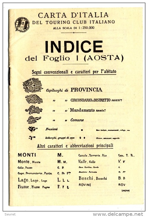 CARTE  D ´ ITALIA N°1  Du Touring Club  + Indice -  AOSTA  Et Sa Région. . - Cartes Géographiques