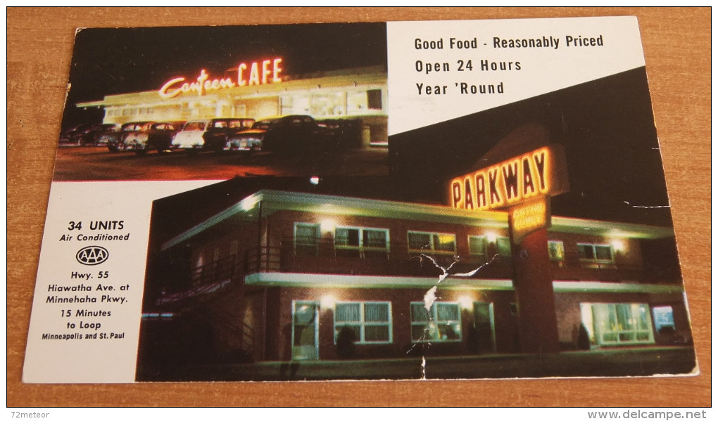 Night Scene Neon Parkway Motel Cafe 1950s Cars Hwy 55 Minneapolis MN Postcard - Minneapolis