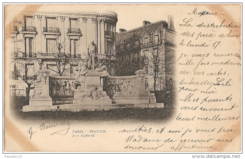 75 - Paris 16 - Statues - Alphand - N° 3 (précurseur "nuage", écrite [1906-1908 ???], Animée) - [Avenue Foch] - Statues