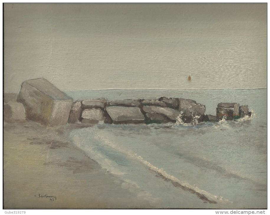 SPAIN / CATALUNYA 1943 - OIL PAINTING ON HARD CARTON "SAND, CEMENT BLOCKS, ROCKS AND WAVES " - SIGNED "FORTUNY 43" DIM 2 - Oleo