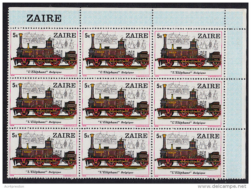 A5353 ZAIRE 1980, SG 979  5K Locomotives (trains) Corner Block Of 9 MNH - 1980-1989