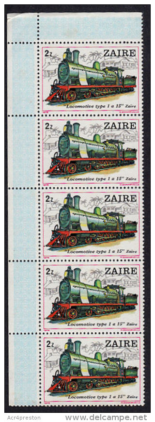 B0018 ZAIRE 1980, SG 983  2Z Locomotives (trains) Vertical Marginal Strip Of 5 MNH - 1980-1989