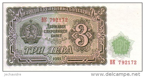 BULGARIE   3 Leva  Daté De 1951  Pick 81 A      ***** BILLET  NEUF ***** - Bulgarien
