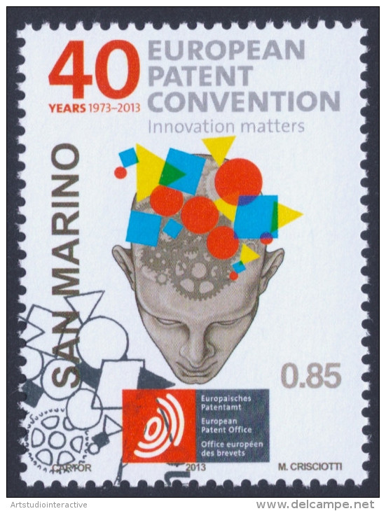 2013 SAN MARINO "40° ANNIVERSARIO FIRMA CONVENZIONE CONCESSIONE BREVETTI EUROPEI (CBE)" SINGOLO ANNULLO PRIMO GIORNO - Usados