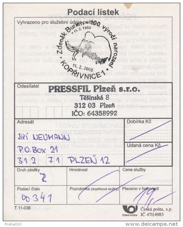 Czech Rep. / Comm. Postmark (2005) Koprivnice 1: Zdenek Burian, 100th Birth Anniversary, Mammoth (Postal Receipt) (I6513 - Fossilien