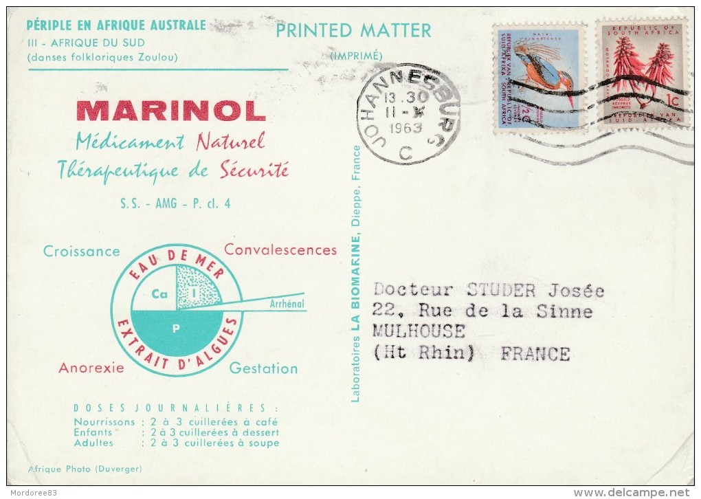 Périple En Afrique Australe CP Pub Marinol Afrique Du Sud 2/5/63 Johannesburg - Lettres & Documents