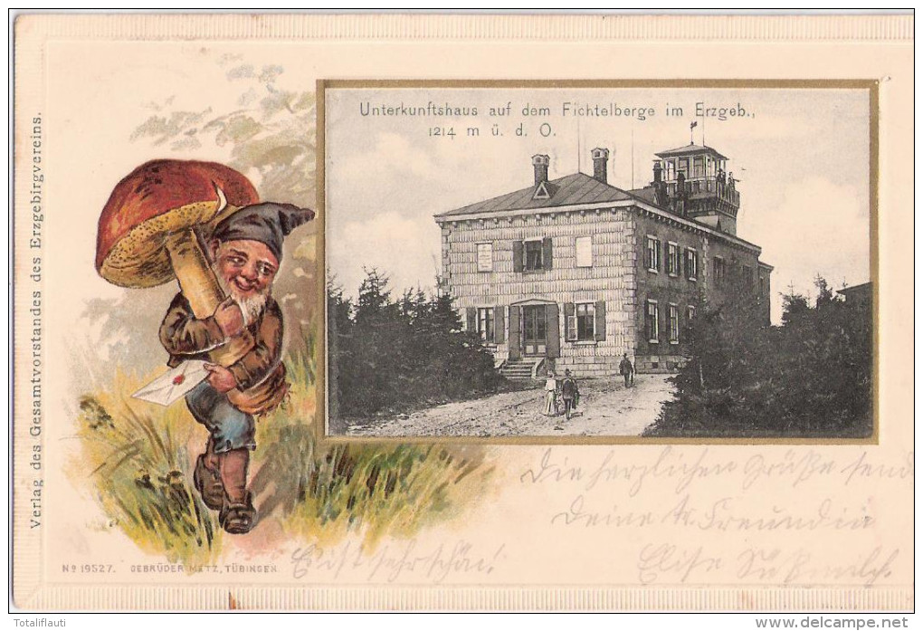 Prägedruck Fichtelberg Haus Erzgebirge Zwerg Gnom Wichtel Pilz Mushroom Embossed Gaufrage 19.6.1903 Gelaufen - Oberwiesenthal