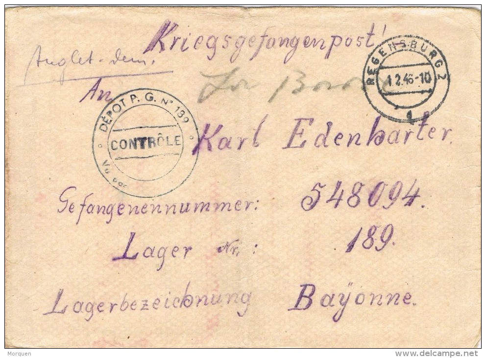 9854. Carta REGENSBURG (Alemania Ocupation) 1946. Controle, Depot 139 - Otros & Sin Clasificación