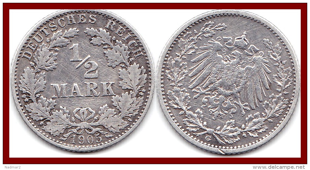 ALLEMAGNE GERMANY Deutsches Reich 1/2 Demi Mark 1905 G Argent Silver 900 °/°° 2,78g KM # 17 - 1/2 Mark