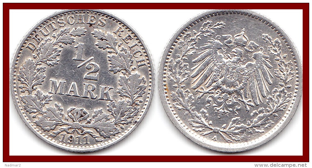 Rare ALLEMAGNE GERMANY Deutsches Reich 1/2 Demi Mark 1911 A Argent Silver 900 °/°° 2,78g KM # 17 SUP - 1/2 Mark