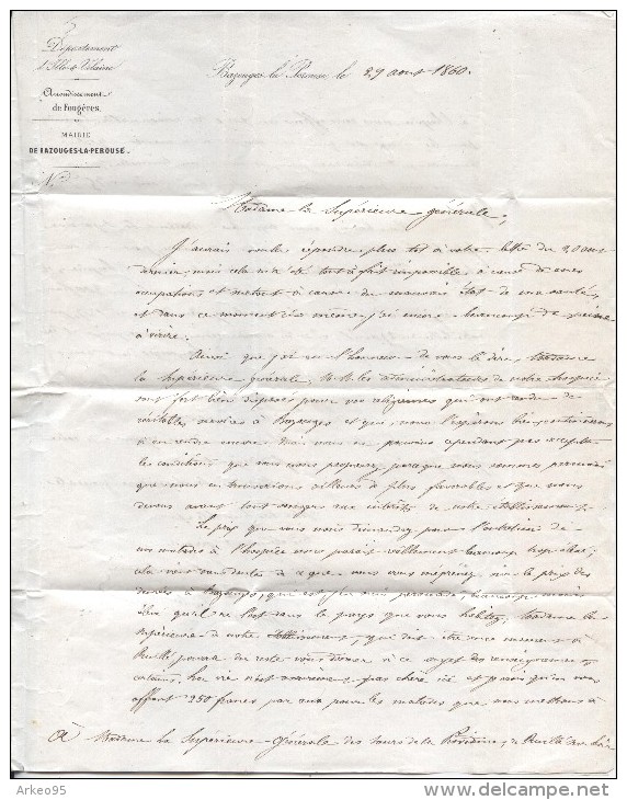 Lettre Timbrée Du Maire De Bazouges-la-Pérouse (35) Aux Religieuses De Ruillé, 29/8/1860 - Historical Documents