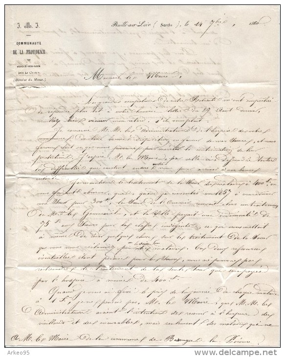 Lettre Timbrée Du Maire De Bazouges-la-Pérouse (35) Aux Religieuses De Ruillé, 29/8/1860 - Historical Documents
