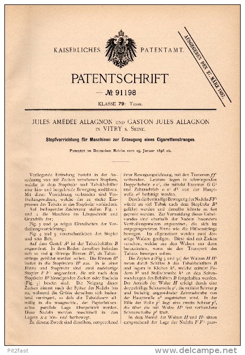 Original Patent - J.A. Allagnon Dans Vitry Sur Seine , 1896 , Appareil Pour La Fabrication De Cigarettes , De Tabac !!! - Historische Dokumente
