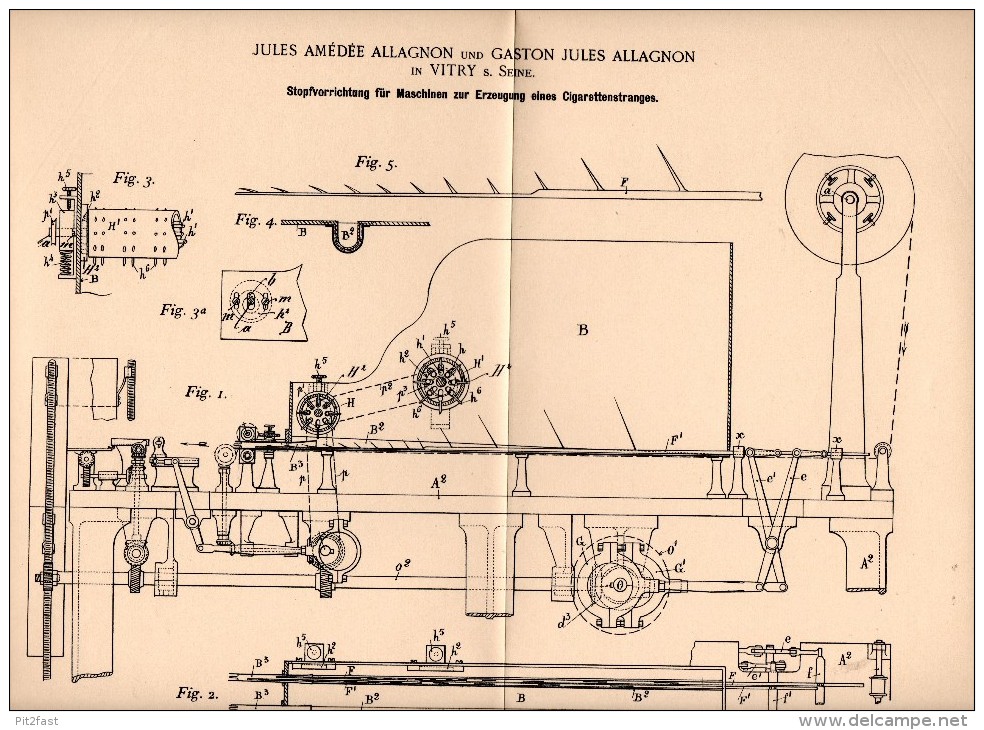 Original Patent - J.A. Allagnon Dans Vitry Sur Seine , 1896 , Appareil Pour La Fabrication De Cigarettes , De Tabac !!! - Documents Historiques