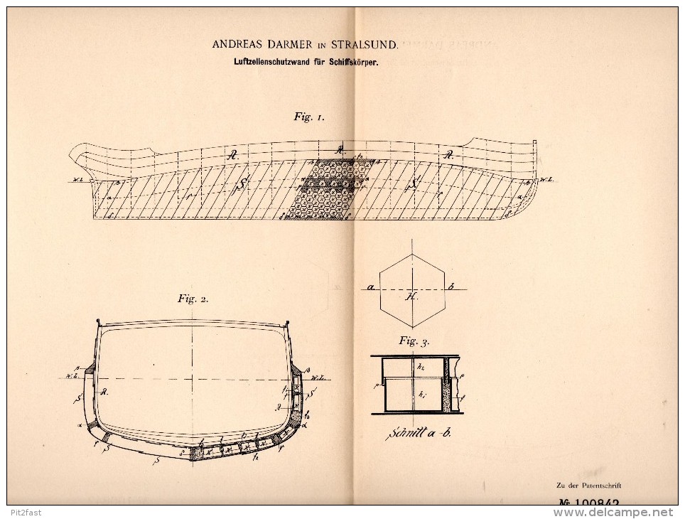 Original Patent - Andreas Darmer In Stralsund I. Mecklenburg ,1897, Luftzellenschutzwand Für Schiffe , Schiffbau , Werft - Other & Unclassified