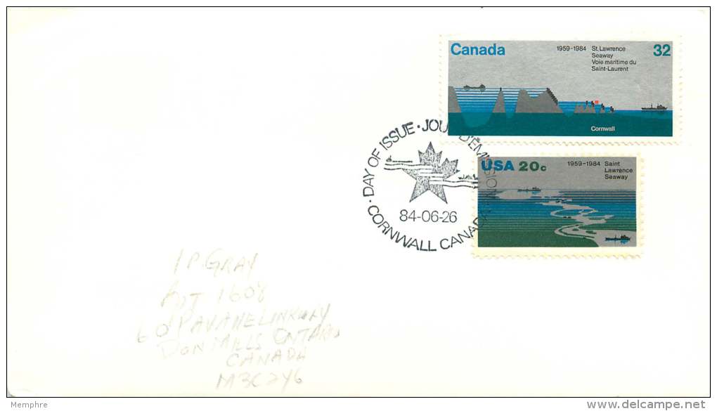 1984   St Lawrence Seaway  Sc1015 And USA Sc 2091 Joiint Issue Cornwall ON Cancel - 1981-1990