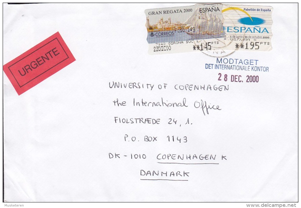 Spain URGENTE Label GIRONA 2000 Cover Letra To Denmark ATM / Frama Label Franking Schiff Ship - Maschinenstempel (EMA)