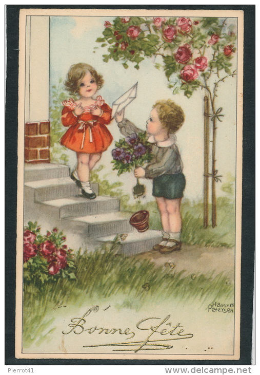 ENFANTS - Jolie Carte Fantaisie Enfants Et Fleurs "Bonne Fête" Signée HANNES PETERSEN - Petersen, Hannes