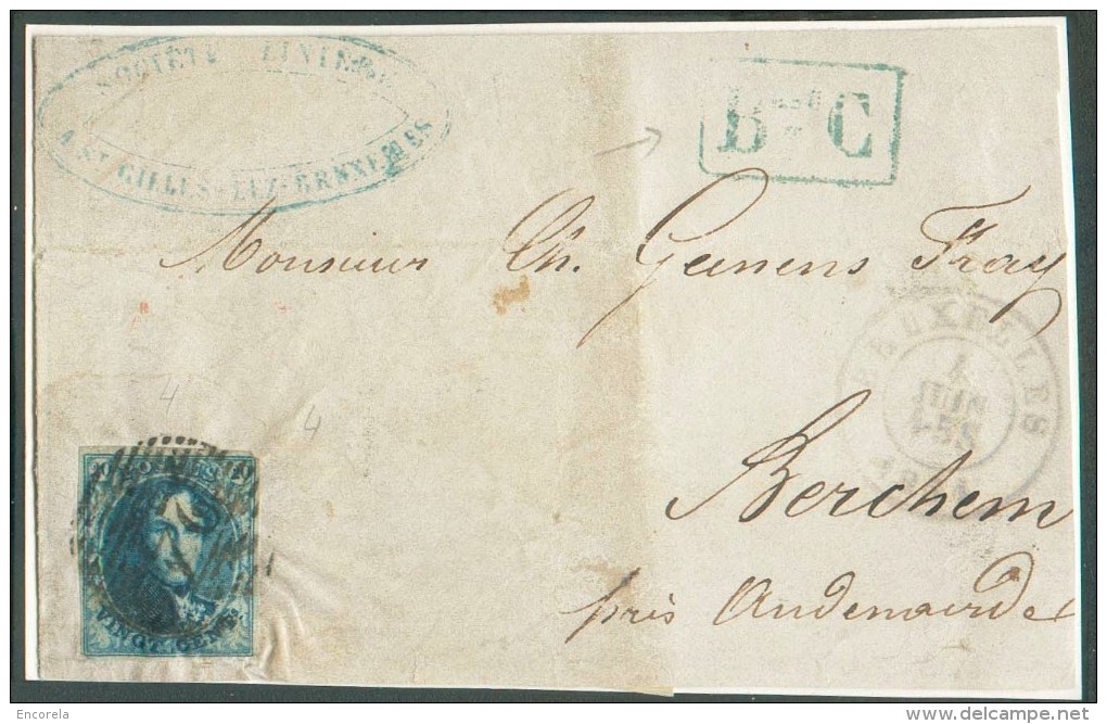 N°4 - Médaillon 20 Centimes Bleu, Margé, Obl. P.24 Sur Devant De Saint-GILLES Via BRUXELLES Le 4 Juin 1851 + Griffe Enca - 1849-1850 Medallions (3/5)