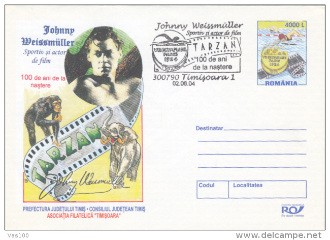 JOHNNY WEISSMULLER, ACTOR, TARZAN, SWIMMER, COVER STATIONERY, ENTIER POSTAL, 2004, ROMANIA - Cinema