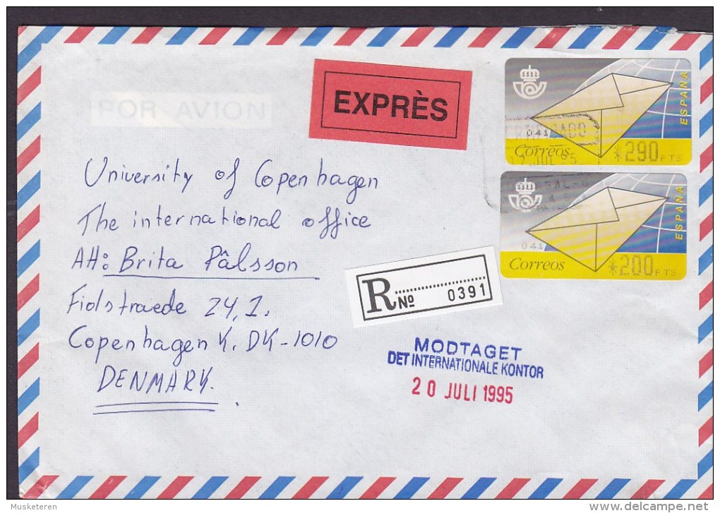 Spain Airmail EXPRÉS Label Registered Recommandé Certificado MARBELLA Malaga 1995 Cover Letra Denmark ATM / Frama Label - Briefe U. Dokumente