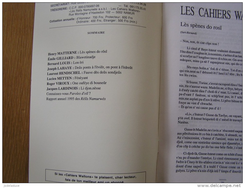 LES CAHIERS WALLONS N° 3 1996 Lardinois Metten Hendschel Matterne Conte Poète Poèsie Dialecte Namur Poèmes Patois - Belgique