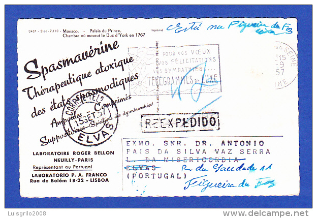 CARTE POSTALE -- CACHET ELVAS, 15.SET.57 + "" REEESPEDIDO "" - Briefe U. Dokumente