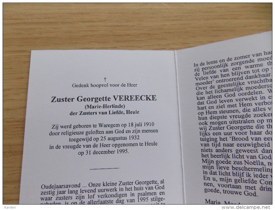 Doodsprentje Georgette Vereecke (Zuster Marie Herlinde ) Waregem 18/7/1910 Heule 31/2/1995 - Religión & Esoterismo