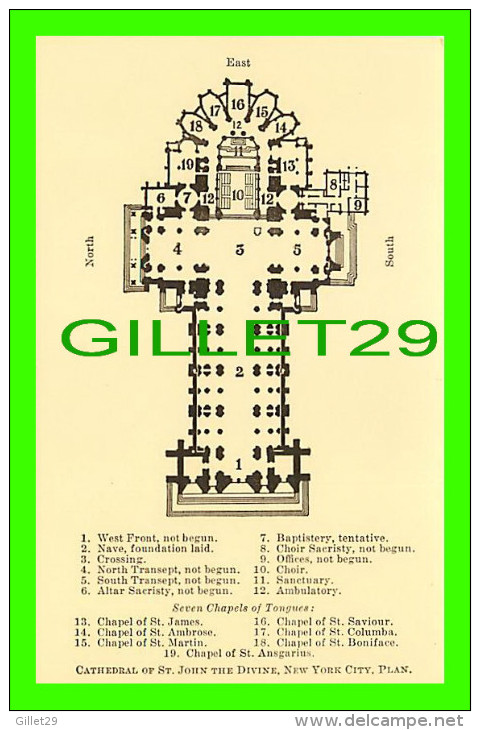 NEW YORK CITY, NY - CATHEDRAL OF ST JOHN THE DIVINE - PLAN OF THE CHURCH - PUB. BY LAYMEN'S CLUB, 1922 - - Churches