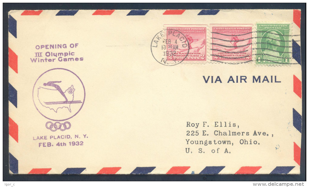 USA III Olympic Winter Games Lake Placid 1932 Air Mail Cover; Special Hand Stamp Opening Day Of The Games 4 Feb RARE RR - Winter 1932: Lake Placid