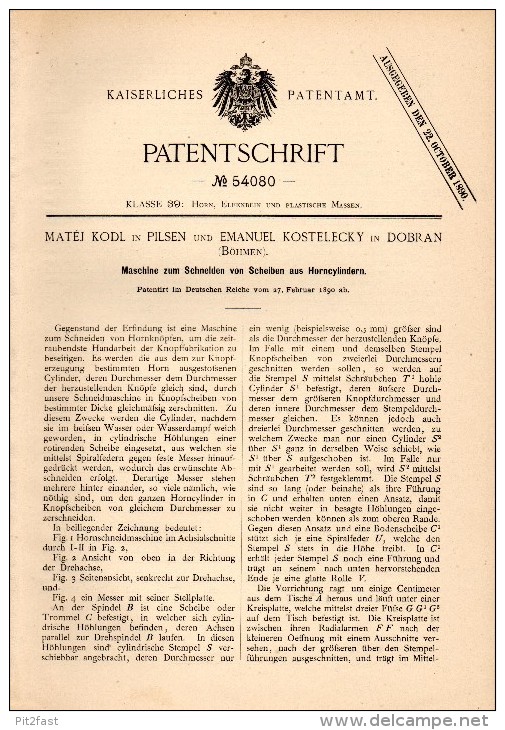 Original Patent - E. Kostelecky In Dobran / Dobrany , 1890 , Maschine Zum Schneiden Von Horn , Elfenbein , M. Kodl Plzen - Historische Dokumente