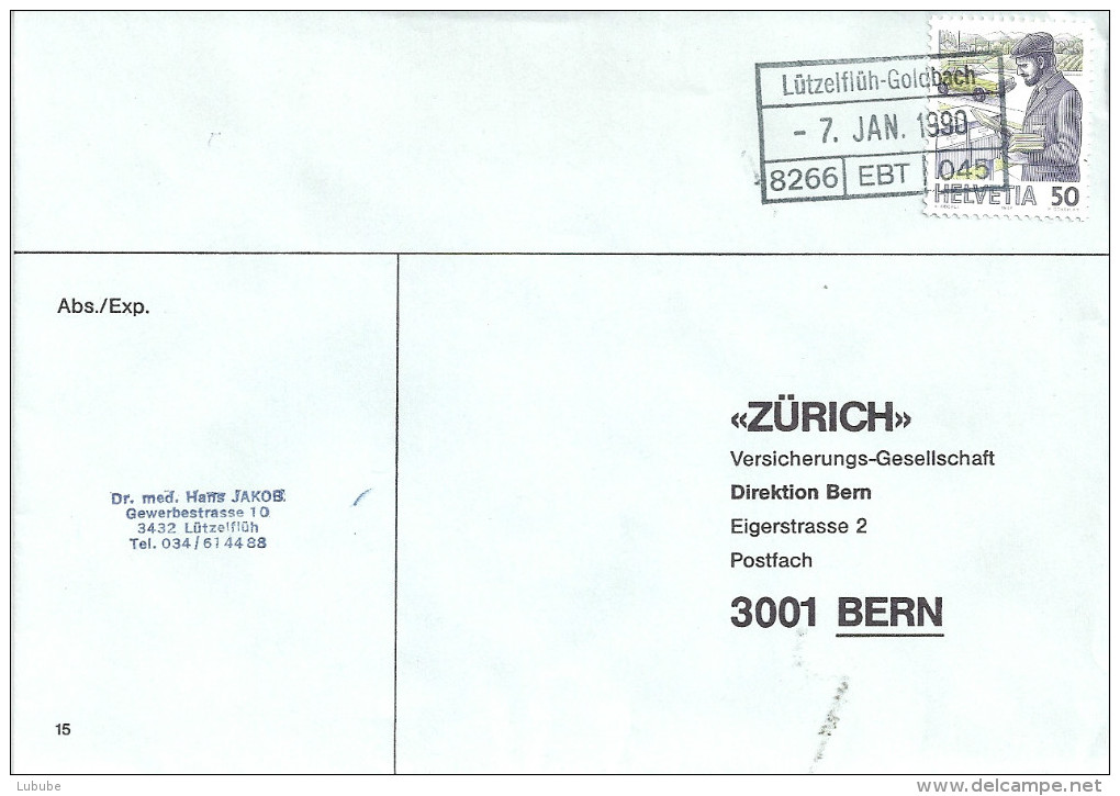 Brief  Lützelflüh - Bern   (Bahnstempel)        1990 - Railway