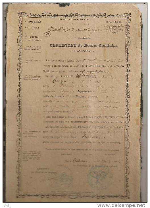 BOUV@ CERTIFICAT BONNE CONDUITE  15ème BATAILLON CHASSEURS A PIED DE SEDAN ARDENNES 08 MILITARIA - Documents Historiques